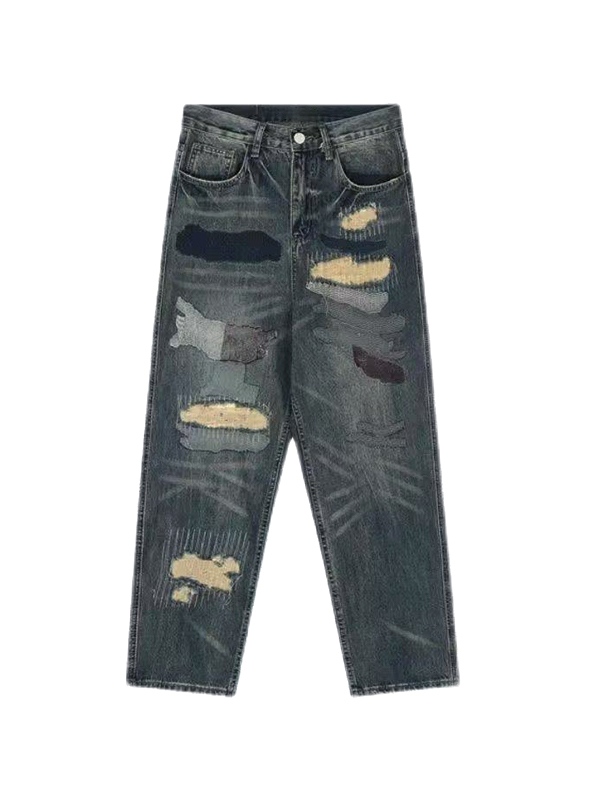Men's Distressed Various Patch Decor Loose Jeans-3