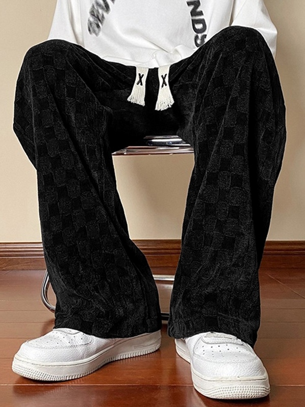Men's Corduroy Checkerboard Print Drawstring Wide Leg Pants-3