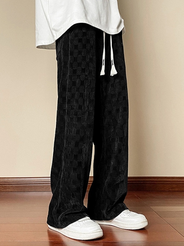 Men's Corduroy Checkerboard Print Drawstring Wide Leg Pants-4