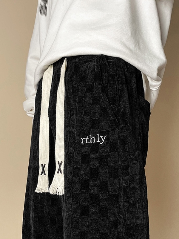 Men's Corduroy Checkerboard Print Drawstring Wide Leg Pants-1