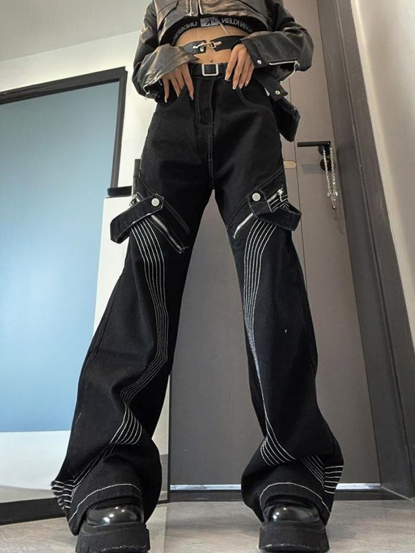 Retro Brown Stitch Splice Zipper Boyfriend Jeans-1