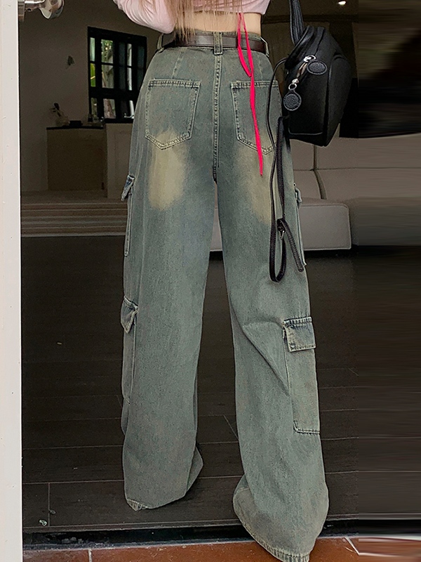 High Waist Multi Pocket Mopping Cargo Jeans-3