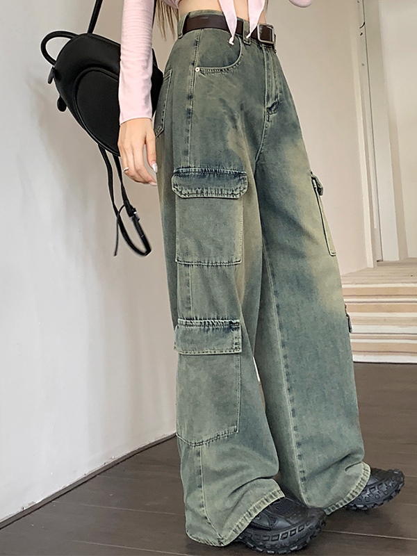High Waist Multi Pocket Mopping Cargo Jeans-1