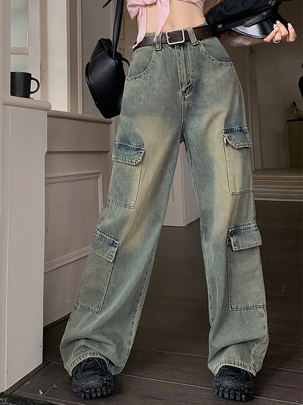 High Waist Multi Pocket Mopping Cargo Jeans-2