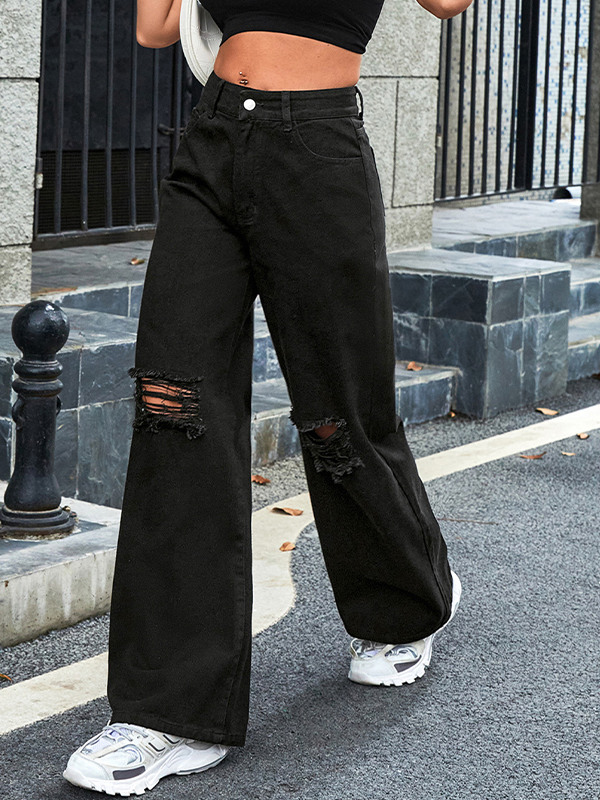 Basic High Rise Ripped Boyfriend Jeans-1