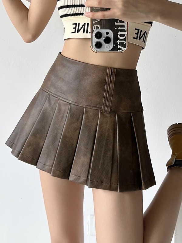 Distressed Leather Pleated High Rise Mini Skirt-1