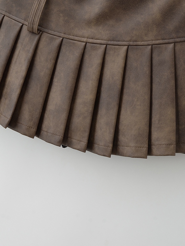 Distressed Leather Pleated High Rise Mini Skirt-3