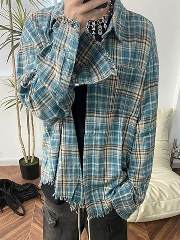 Men's Vintage Plaid Tassel Design Long Sleeve Blouse-4