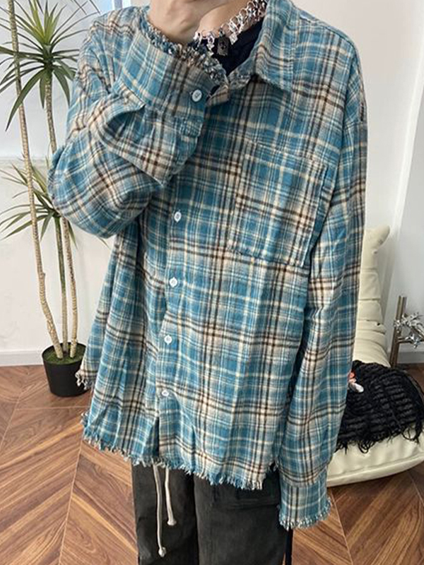 Men's Vintage Plaid Tassel Design Long Sleeve Blouse-2