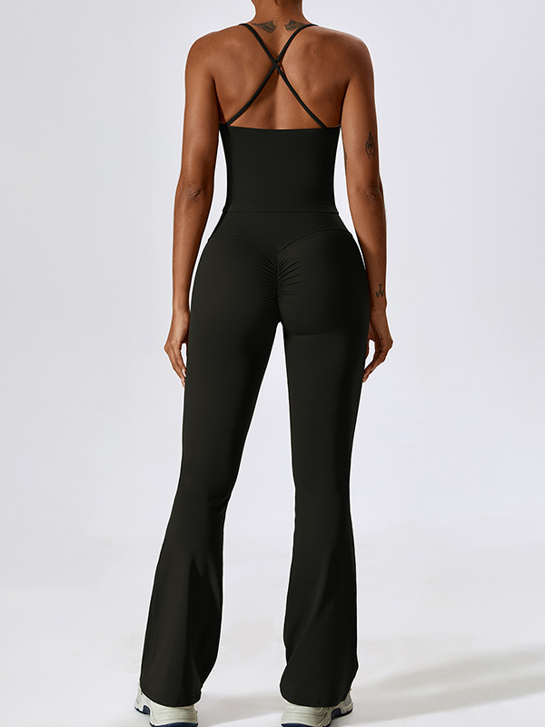 Sporty Solid Quick Dry Cami Top&Flared Pants Set-1