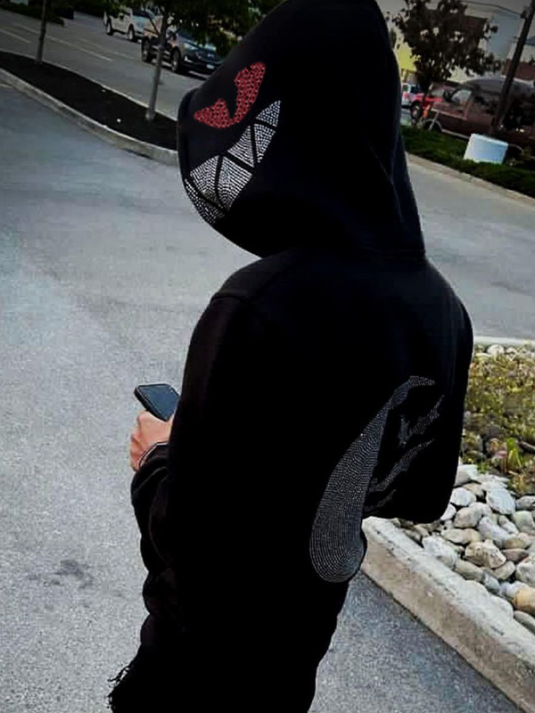 Men's Devil Moon Rhinestone Print Slim Oversized Hoodie-1