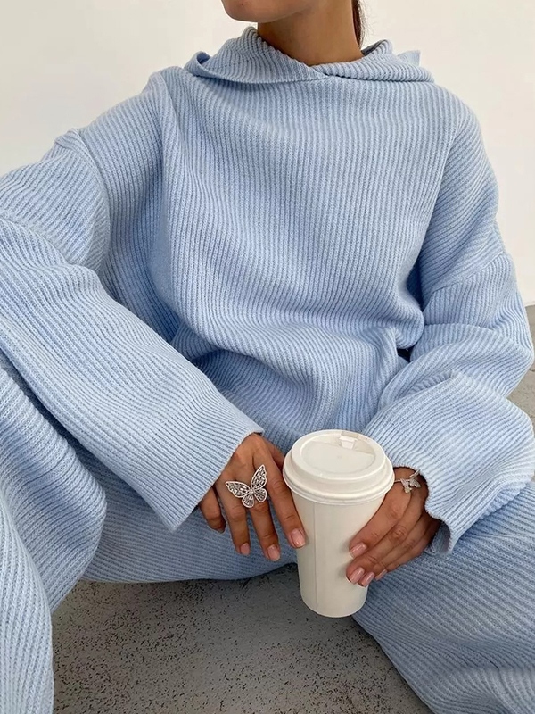 Solid Oversized Hoodie&Drawstring Wide Leg Pants Set-1