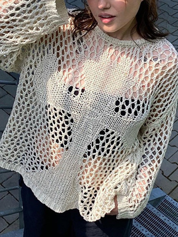 Cross Pattern Crochet Hollow Long Sleeve Knit Top-5