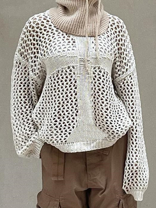 Cross Pattern Crochet Hollow Long Sleeve Knit Top-1