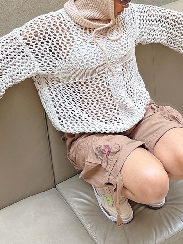 Cross Pattern Crochet Hollow Long Sleeve Knit Top-3