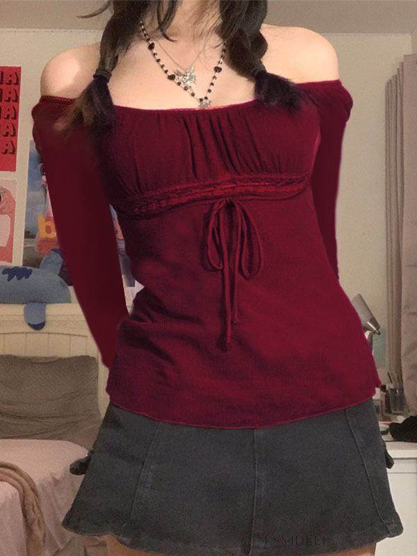 Lace Trim Tie Front Long Sleeve Blouse-1