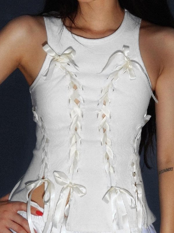 Lace Up Ribbed Cropped Tank Top-1