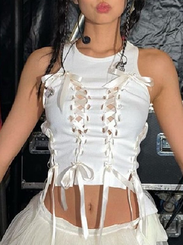 Lace Up Ribbed Cropped Tank Top-2