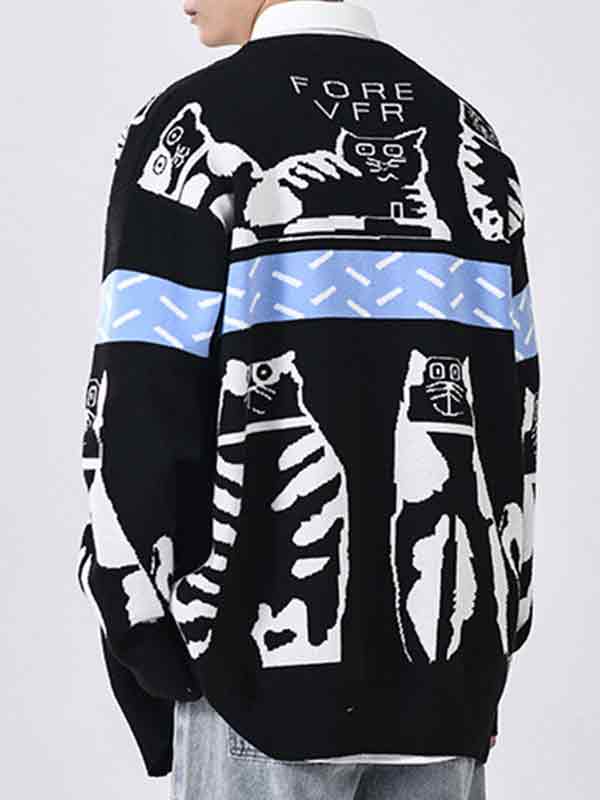 Men's Cartoon Print V Neck Sweater-2