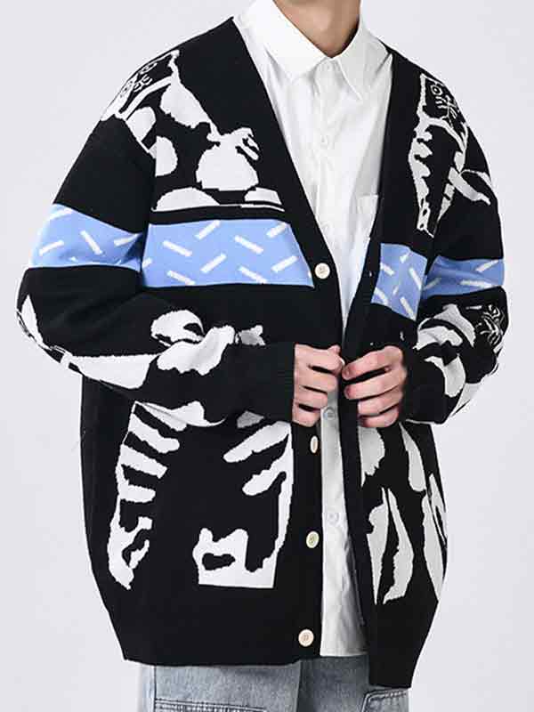 Men's Cartoon Print V Neck Sweater-1