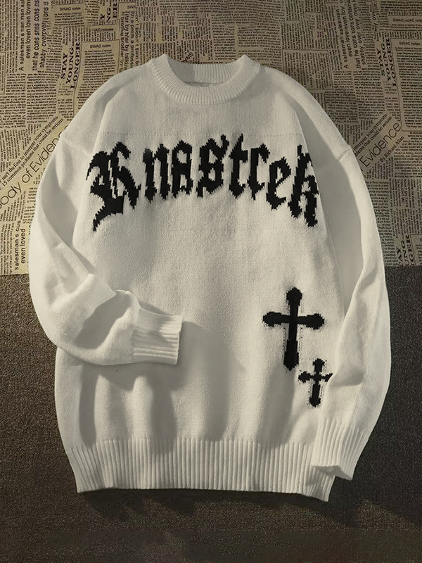 Men's Vintage Cross Letter Print Oversized Sweater-3
