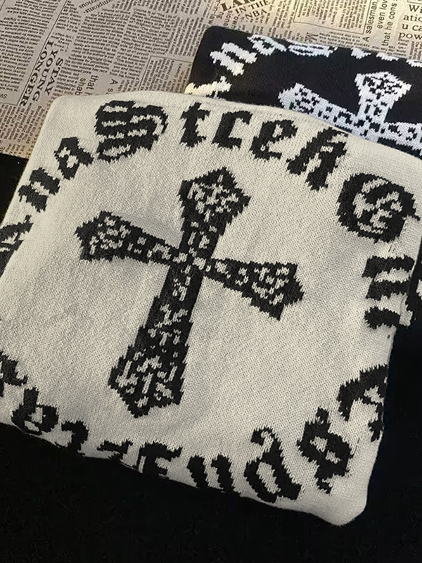 Men's Vintage Cross Letter Print Oversized Sweater-4