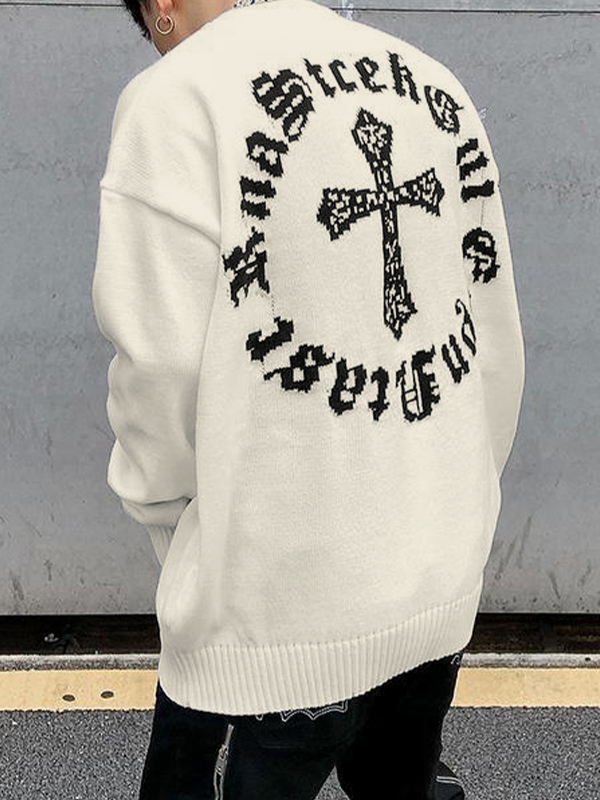 Men's Vintage Cross Letter Print Oversized Sweater-1