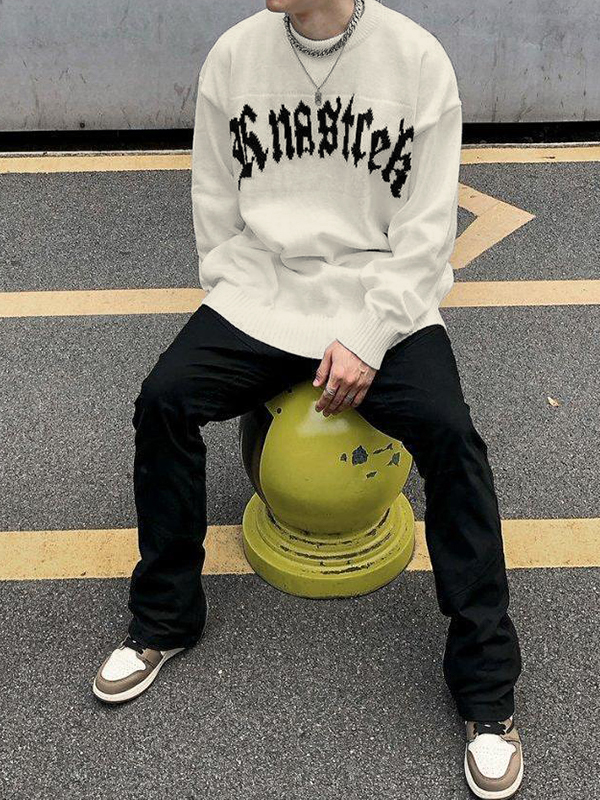 Men's Vintage Cross Letter Print Oversized Sweater-2