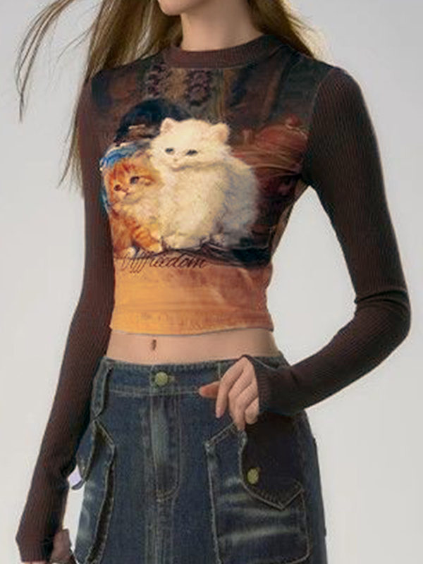 Kitten Print Splice Slim Long Sleeve Knit-1