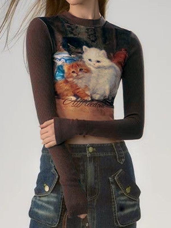 Kitten Print Splice Slim Long Sleeve Knit-4