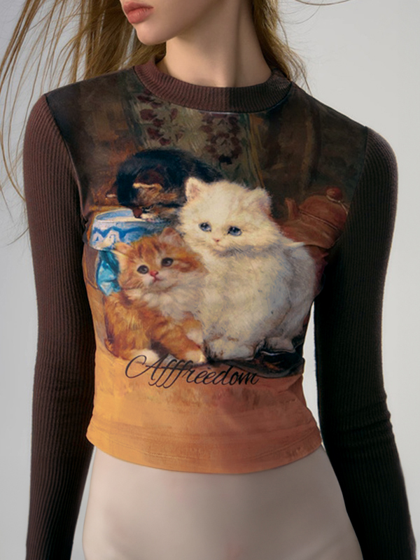 Kitten Print Splice Slim Long Sleeve Knit-2