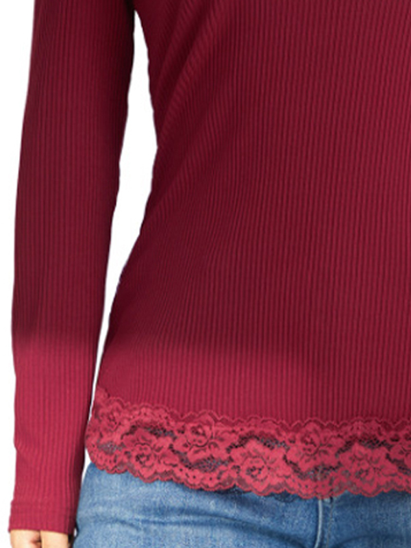 Solid Color Rib Lace Trim Slim Long Sleeve Knit-1