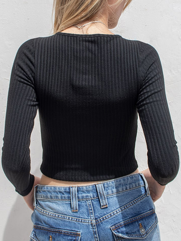 Solid Rib Crew Neck Slim Long Sleeve Knit-2