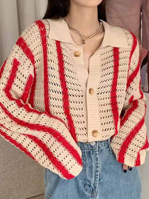 Cutout Striped Baggy Cardigan-1