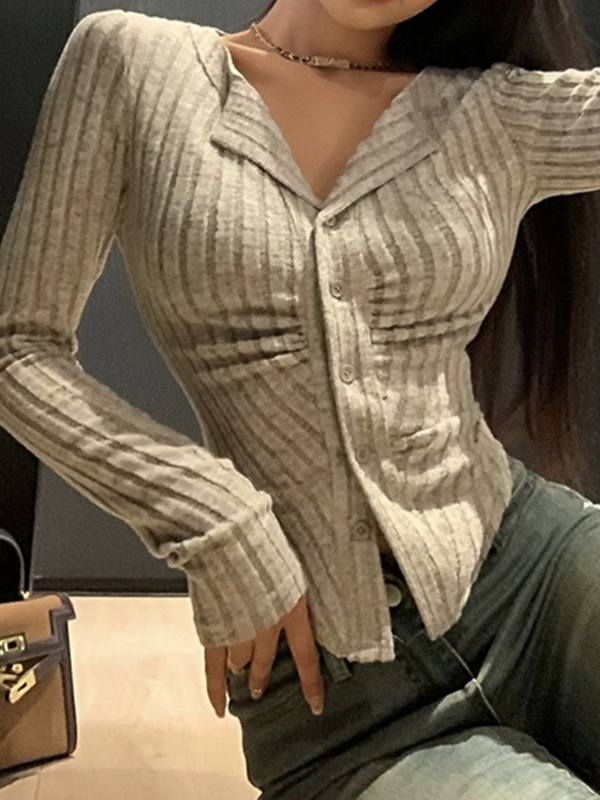 Lapel Neck Ruched Slim Long Sleeve Knit-4