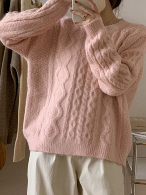 Solid Cable Knit Pullover Sweater-1