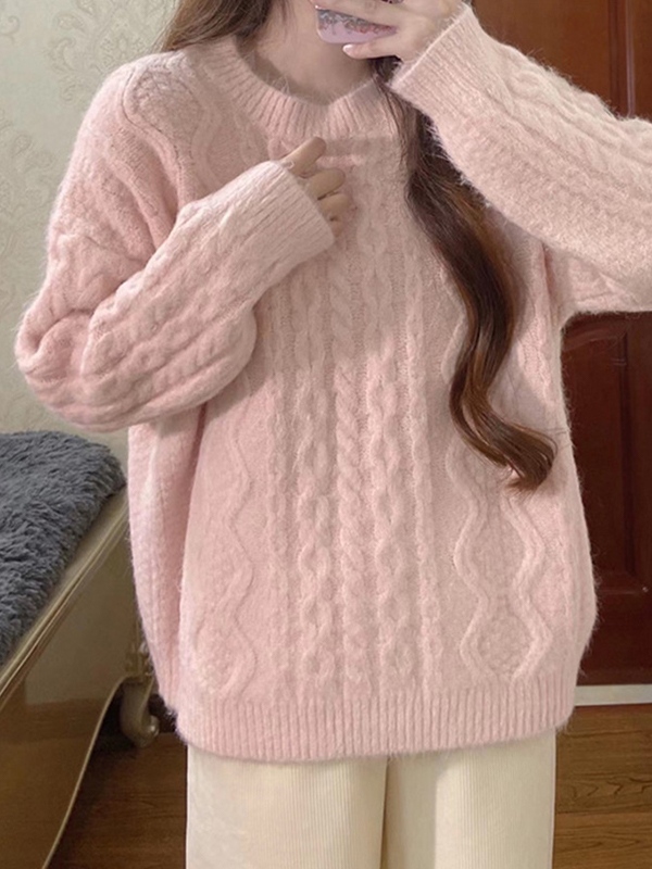 Solid Cable Knit Pullover Sweater-3