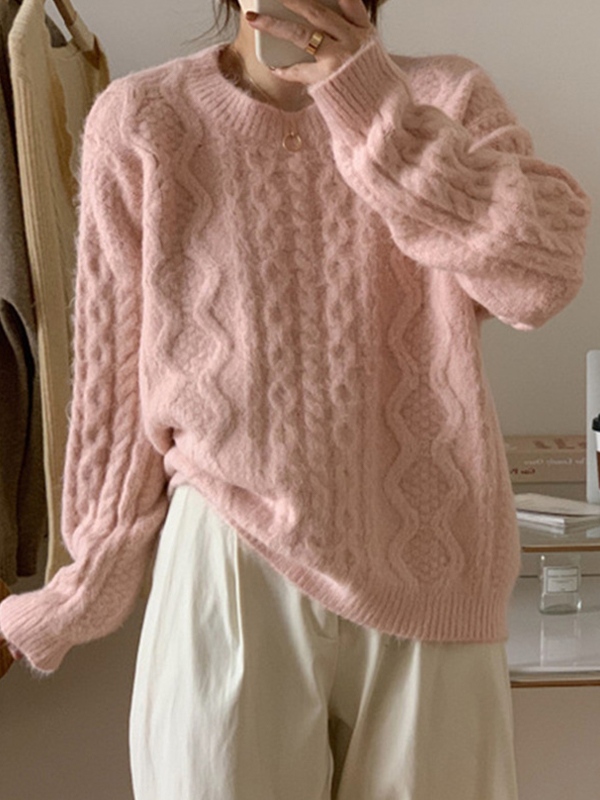 Solid Cable Knit Pullover Sweater-2