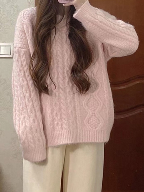 Solid Cable Knit Pullover Sweater-4