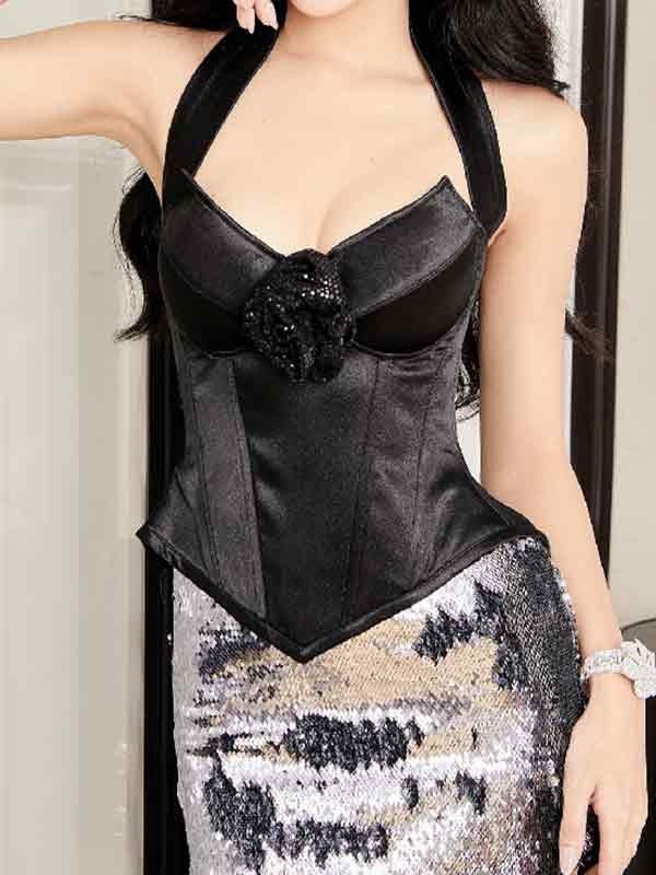 Three-dimensional Flower Decor V Neck Halter Corset Top-1